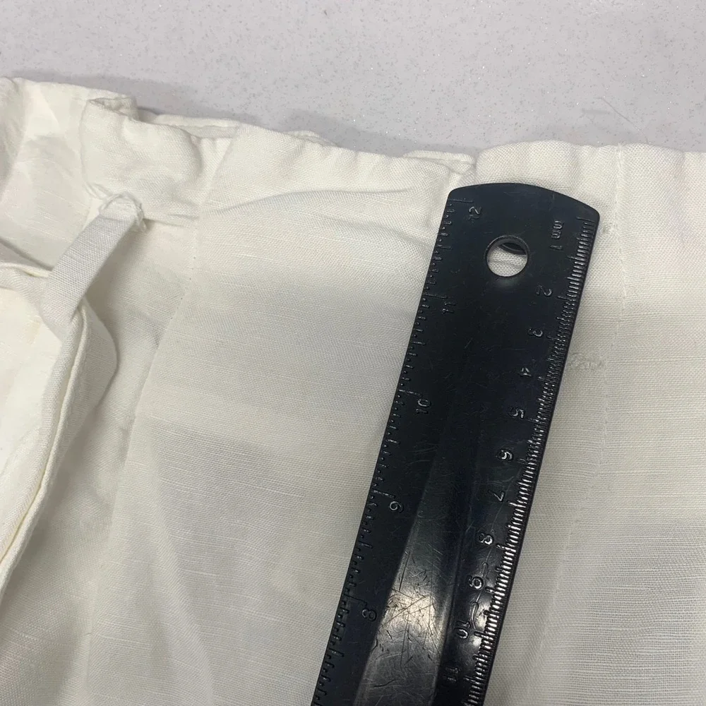 H&M White Linen Blend Paperbag High Rise Tie Belt Tapered Pants Size 4‎ Pockets
